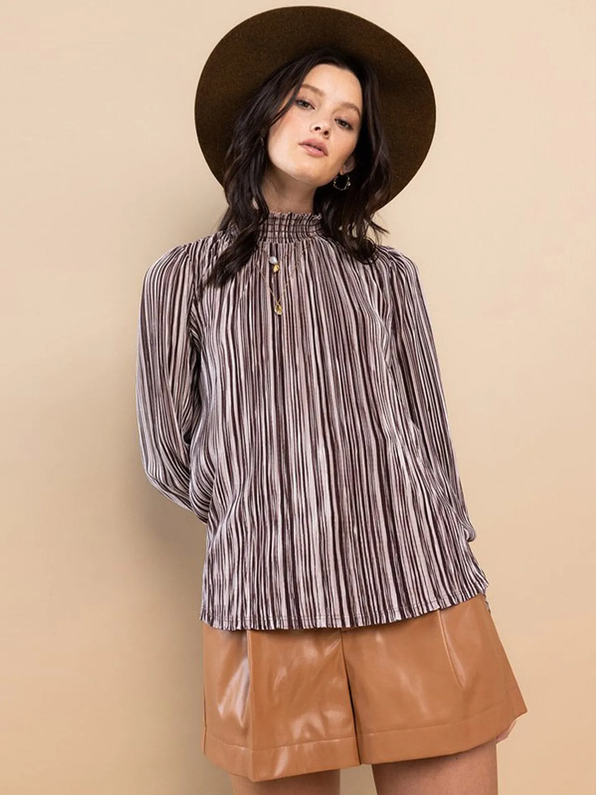 WOMEN'S LONG SLEEVE MOCK NECK STRIPES BLOUSE TOP