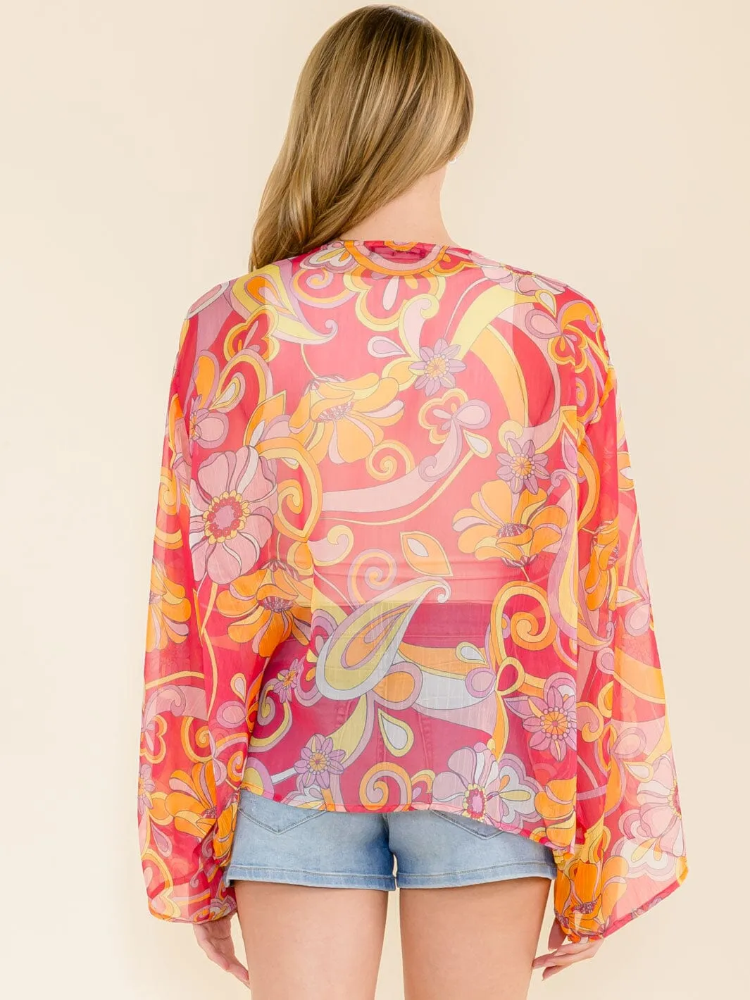 WOMEN'S LONG SLEEVE OPEN FRONT MULTI PRINT KIMONO