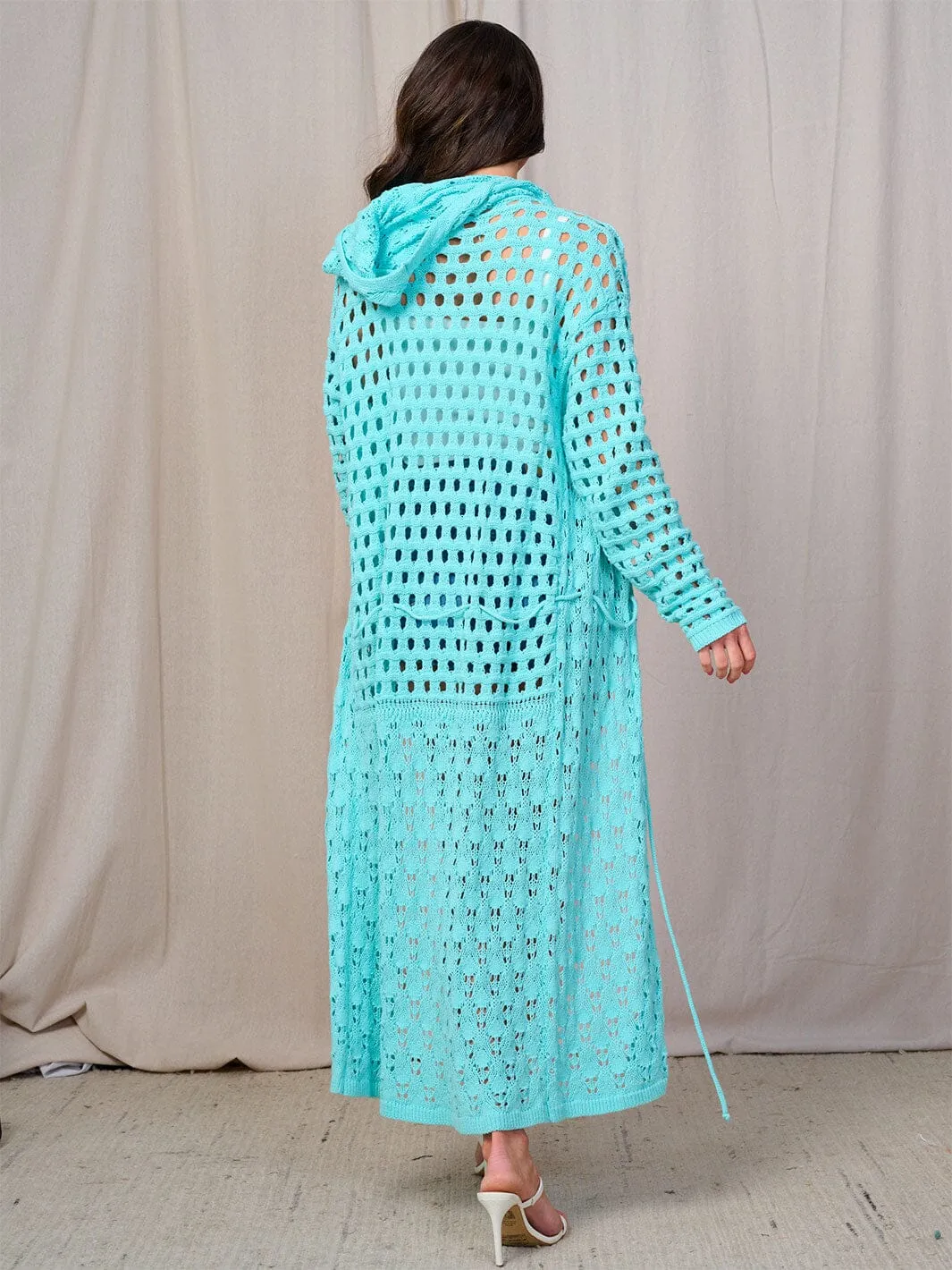 WOMEN'S LONG SLEEVE OPEN FRONT SELF TIE HOODED KNIT CARDIGAN