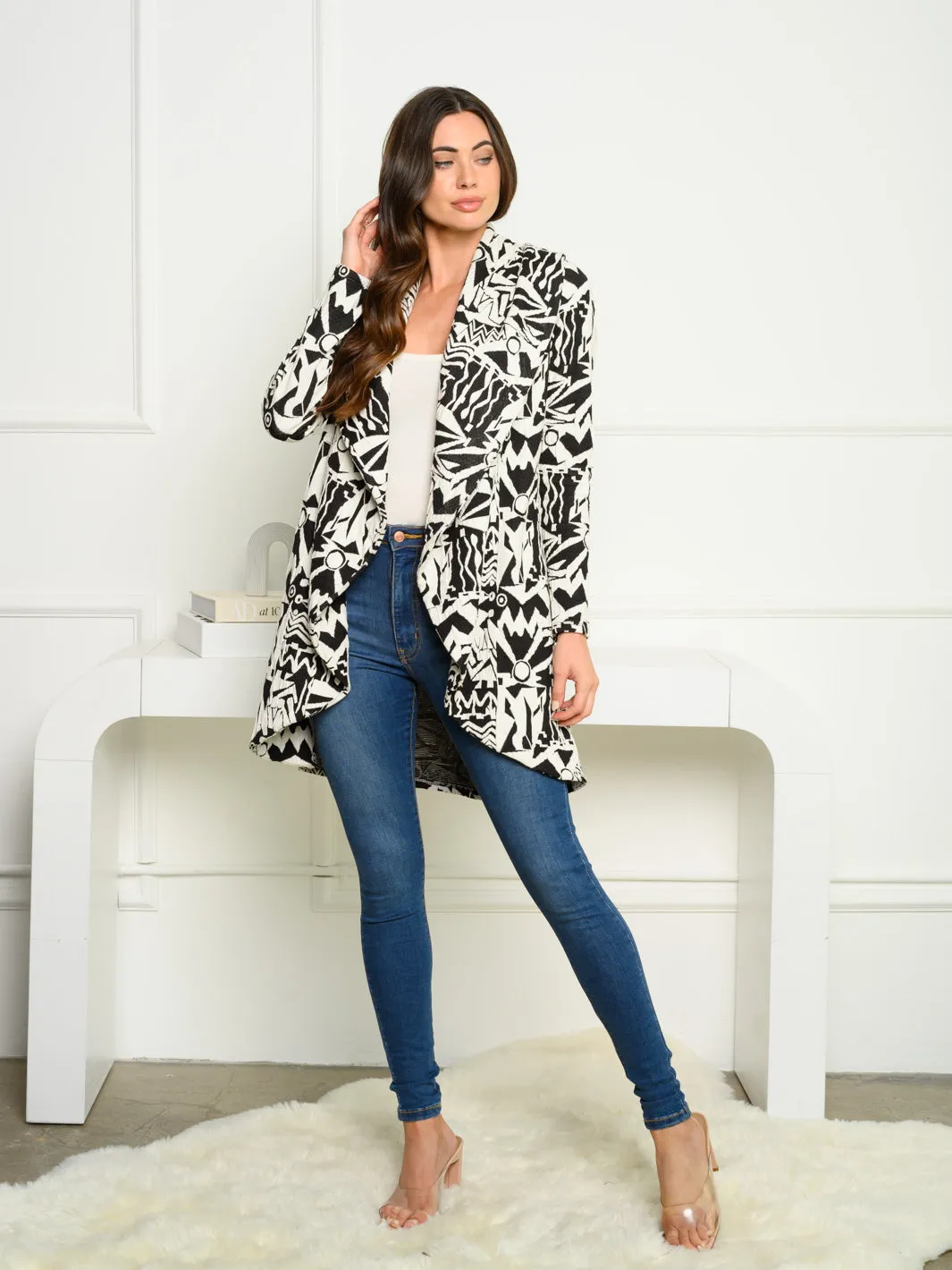 WOMEN'S LONG SLEEVE RUFFLE FRONT MULTI PRINT CARDIGAN