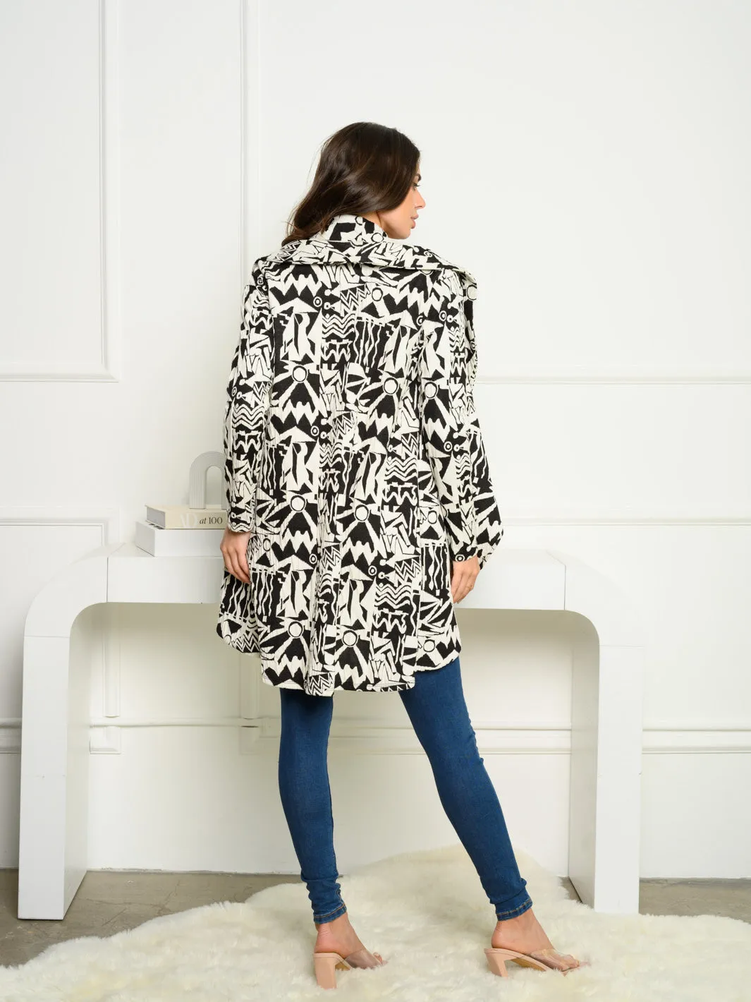 WOMEN'S LONG SLEEVE RUFFLE FRONT MULTI PRINT CARDIGAN