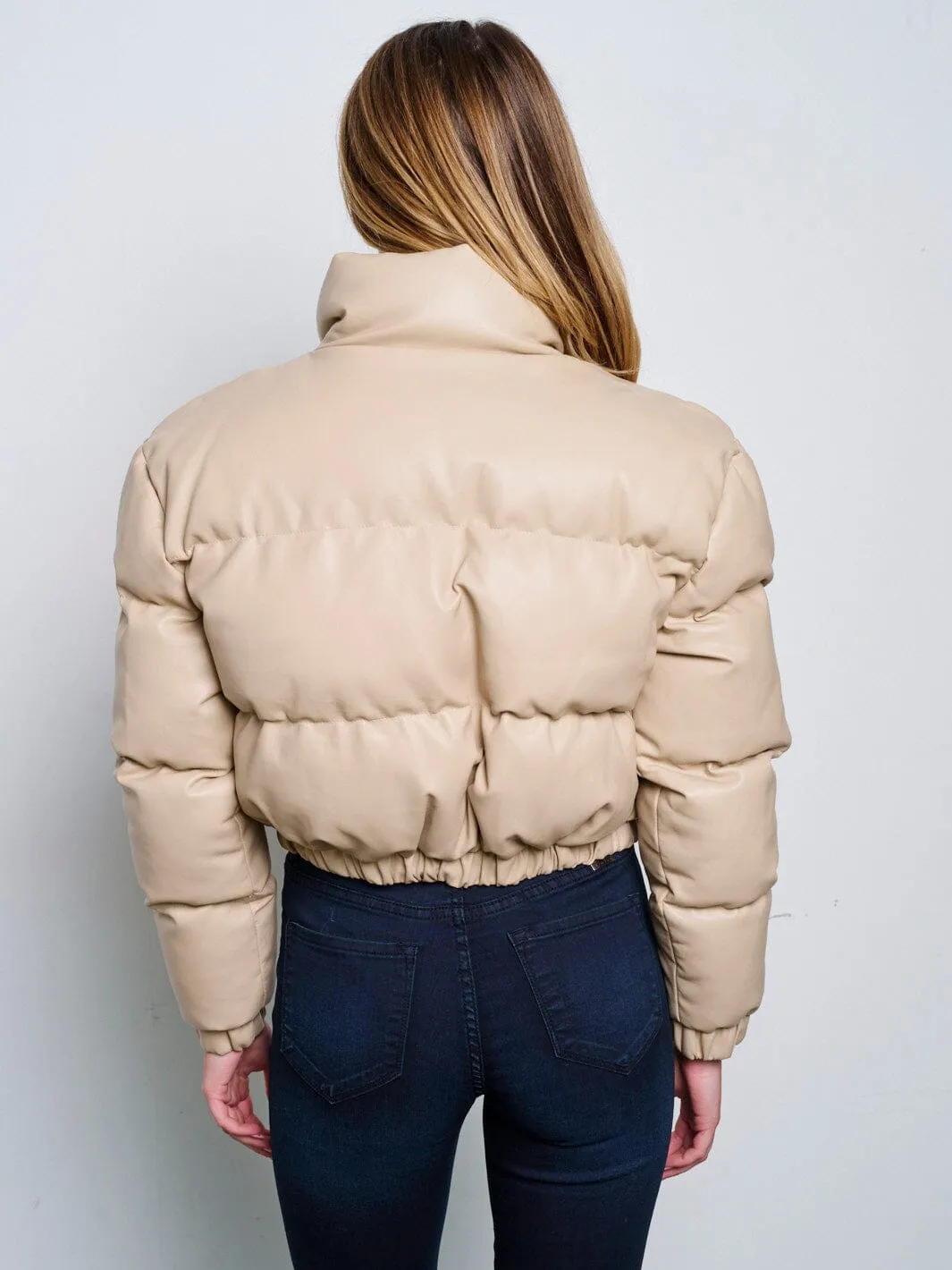 WOMEN'S LONG SLEEVE ZIP UP FRONT POCKETS PUFFER PU PLEATHER JACKET