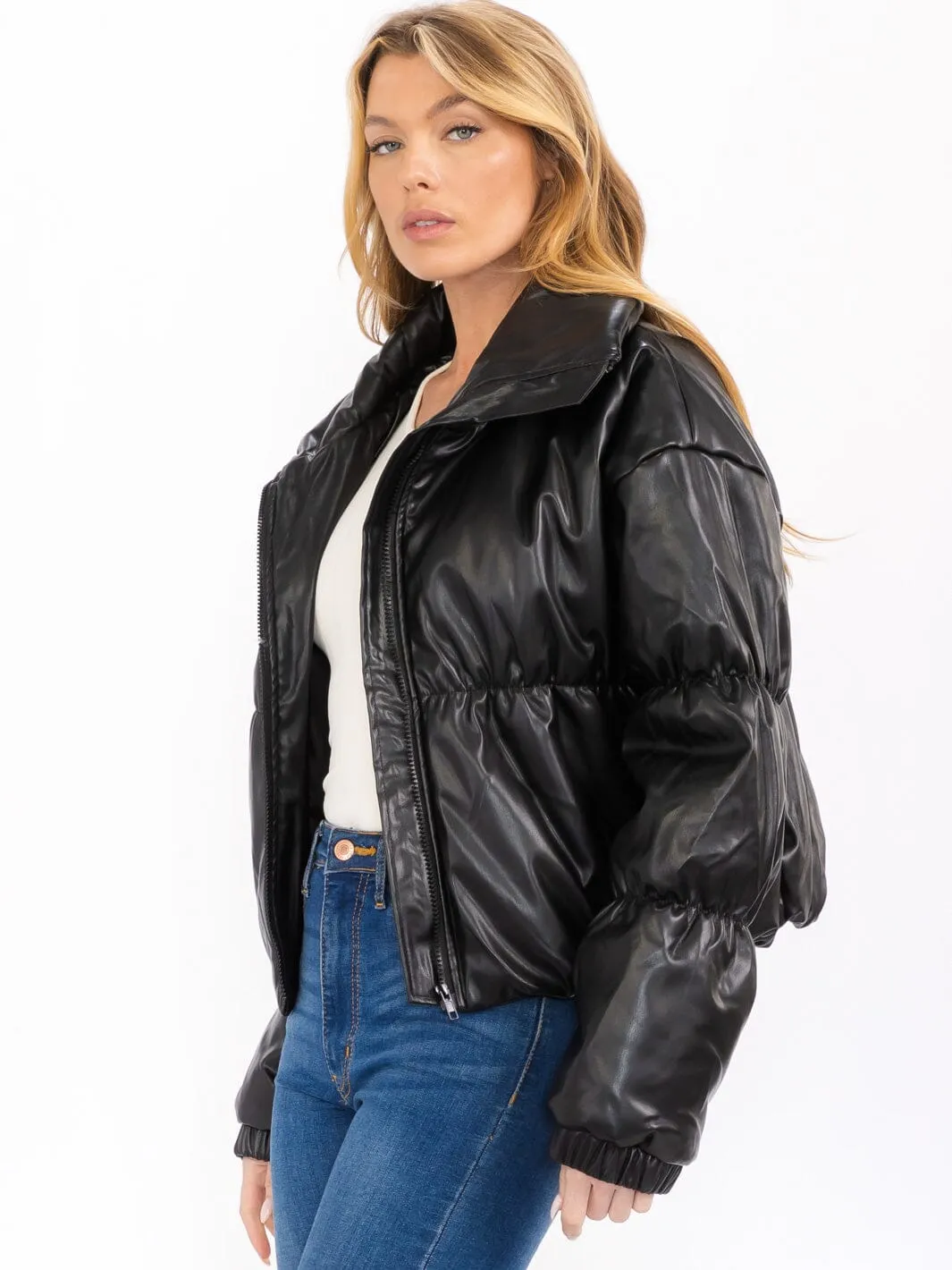 WOMEN'S LONG SLEEVE ZIP UP FRONT POCKETS PUFFER PU PLEATHER JACKET