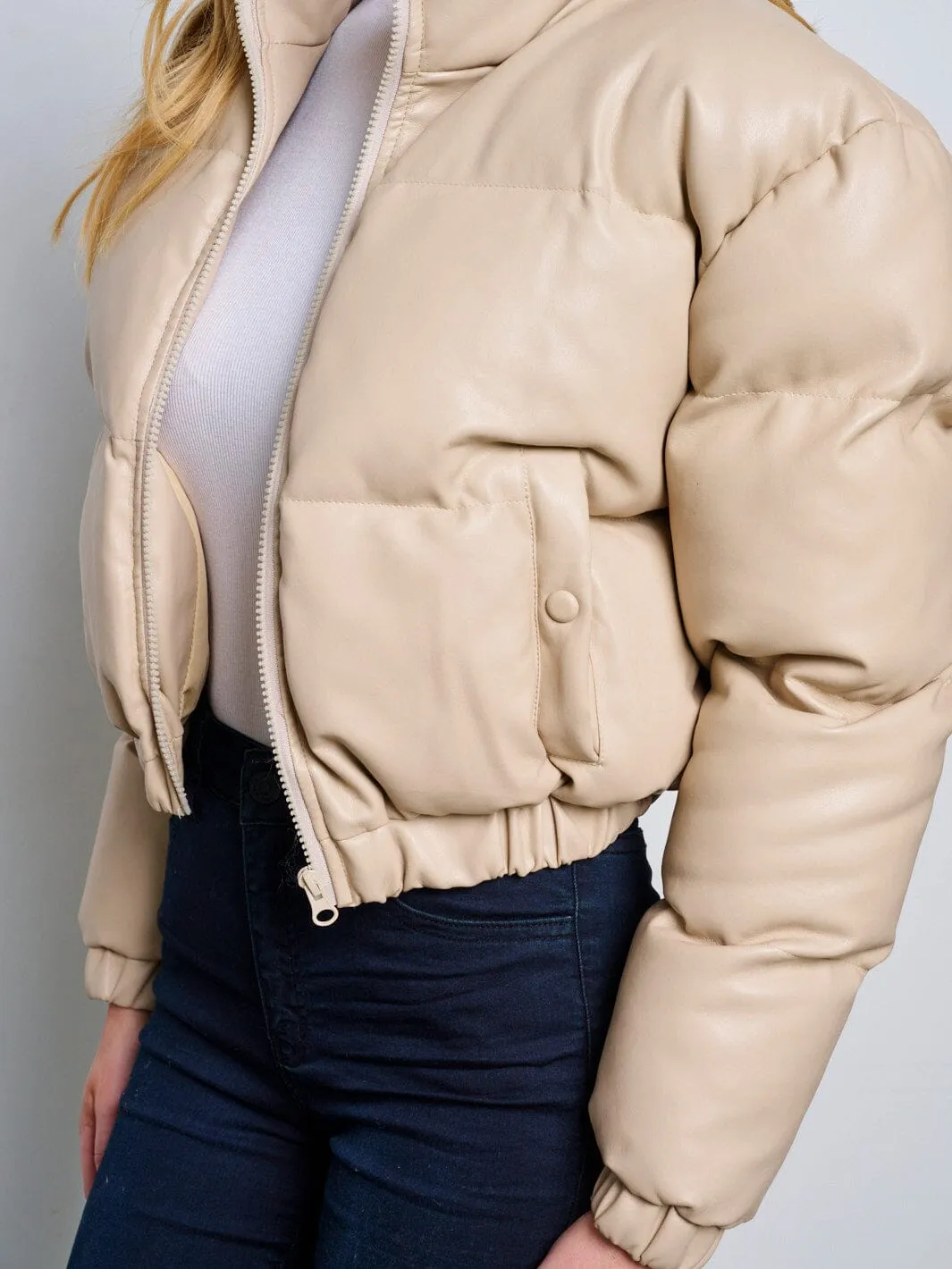 WOMEN'S LONG SLEEVE ZIP UP FRONT POCKETS PUFFER PU PLEATHER JACKET