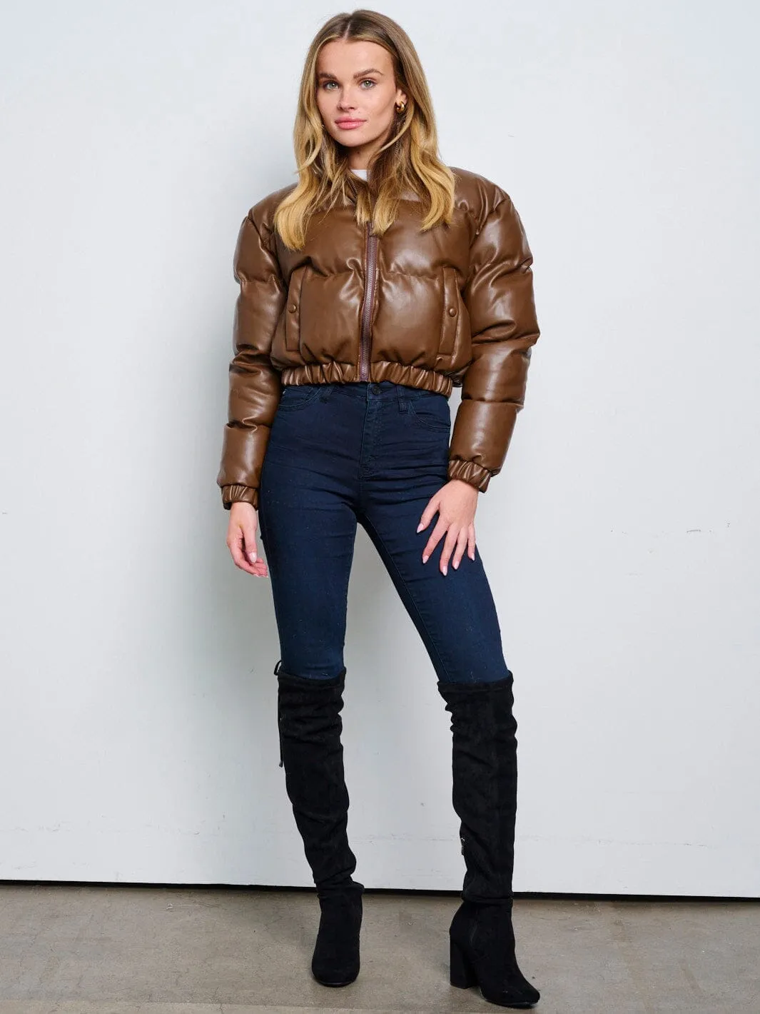 WOMEN'S LONG SLEEVE ZIP UP FRONT POCKETS PUFFER PU PLEATHER JACKET