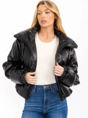 WOMEN'S LONG SLEEVE ZIP UP FRONT POCKETS PUFFER PU PLEATHER JACKET