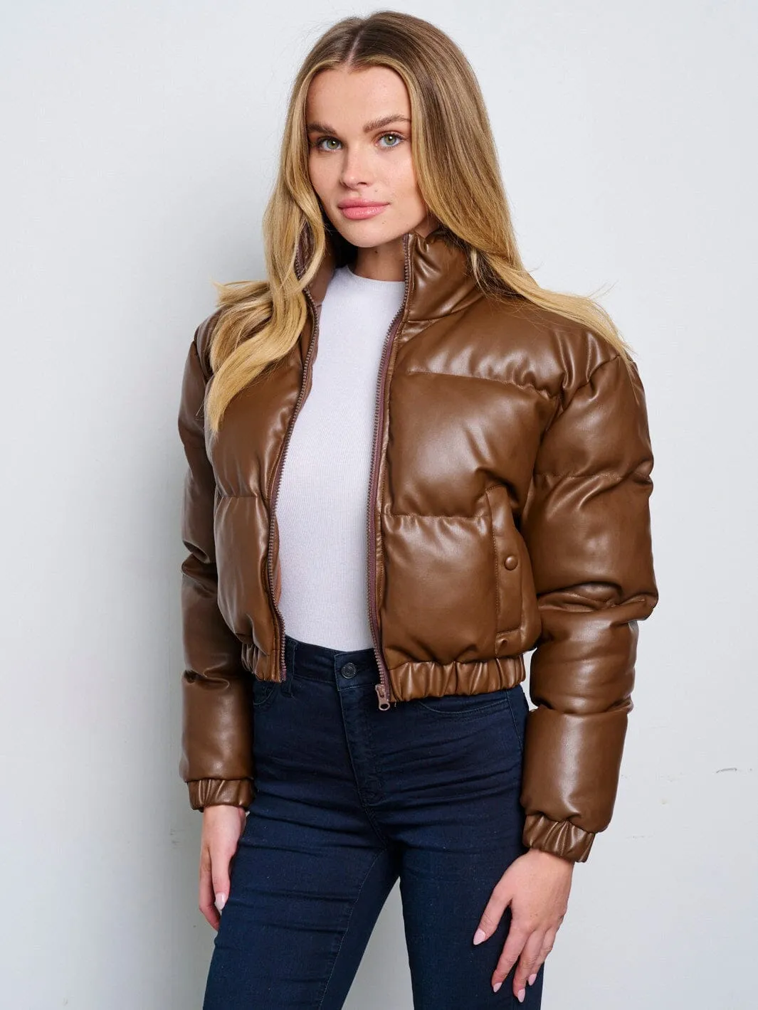 WOMEN'S LONG SLEEVE ZIP UP FRONT POCKETS PUFFER PU PLEATHER JACKET