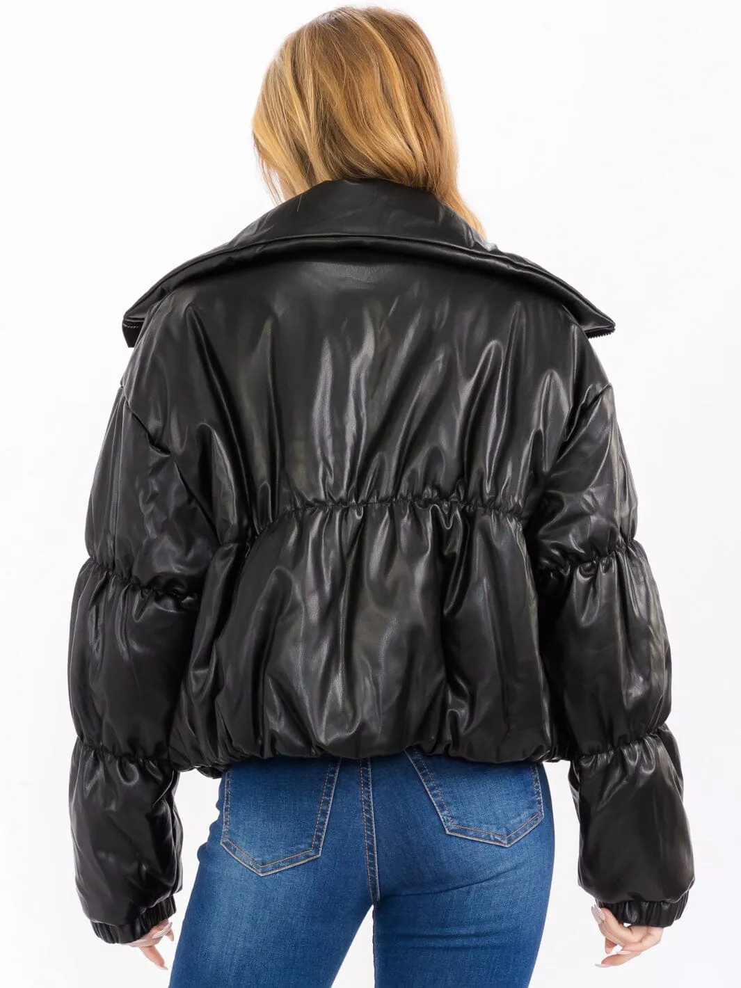 WOMEN'S LONG SLEEVE ZIP UP FRONT POCKETS PUFFER PU PLEATHER JACKET