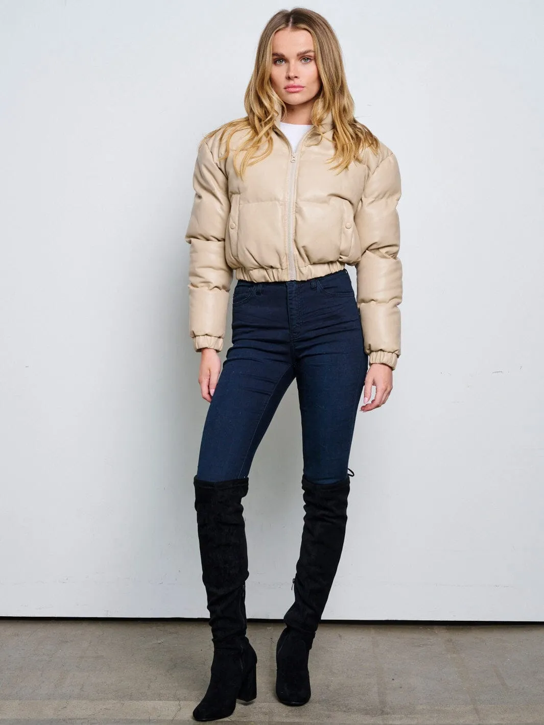 WOMEN'S LONG SLEEVE ZIP UP FRONT POCKETS PUFFER PU PLEATHER JACKET