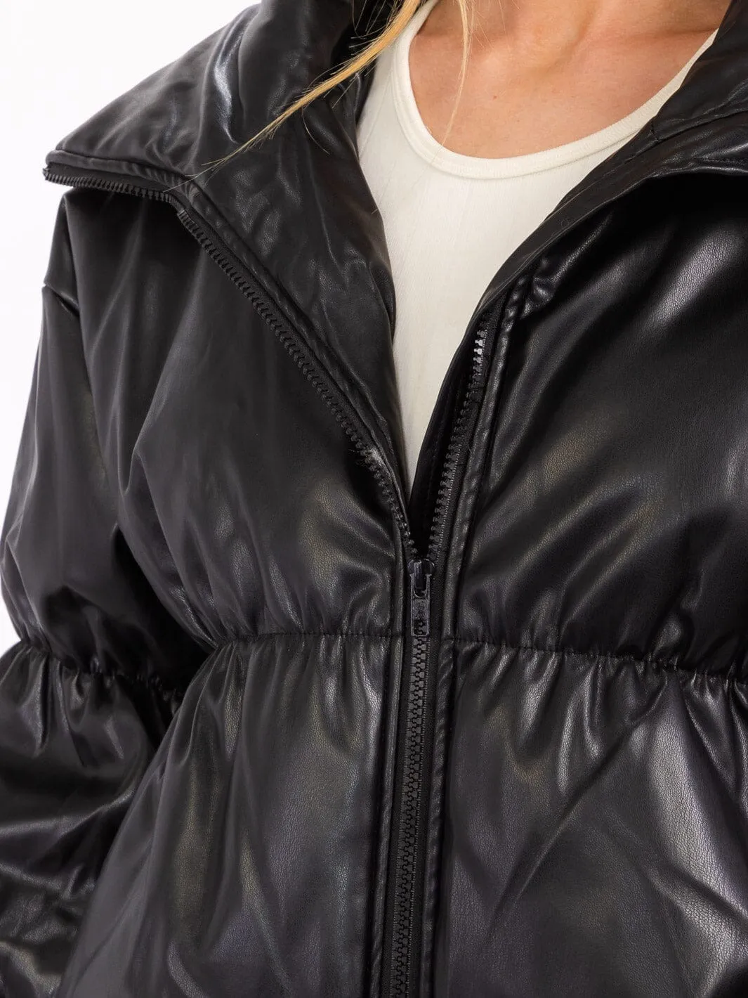 WOMEN'S LONG SLEEVE ZIP UP FRONT POCKETS PUFFER PU PLEATHER JACKET