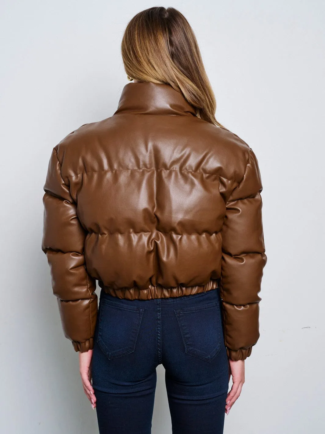 WOMEN'S LONG SLEEVE ZIP UP FRONT POCKETS PUFFER PU PLEATHER JACKET