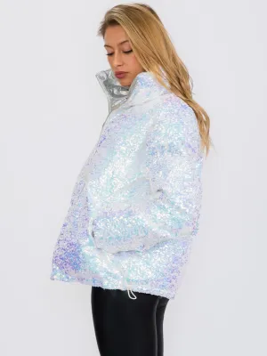 WOMEN'S LONG SLEEVES ZIP UP FRONT POCKETS PUFFER SEQUINS JACKET