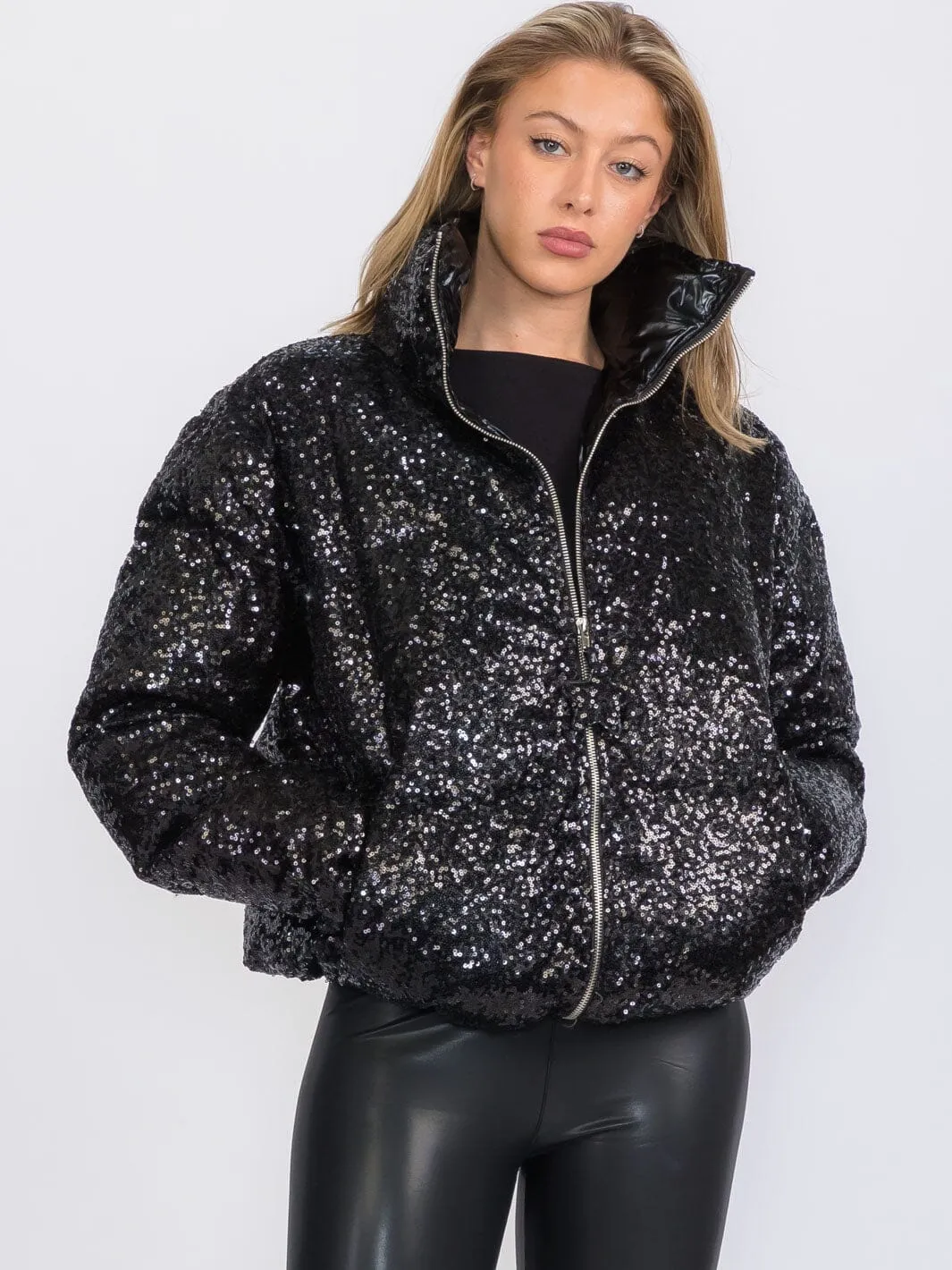 WOMEN'S LONG SLEEVES ZIP UP FRONT POCKETS PUFFER SEQUINS JACKET