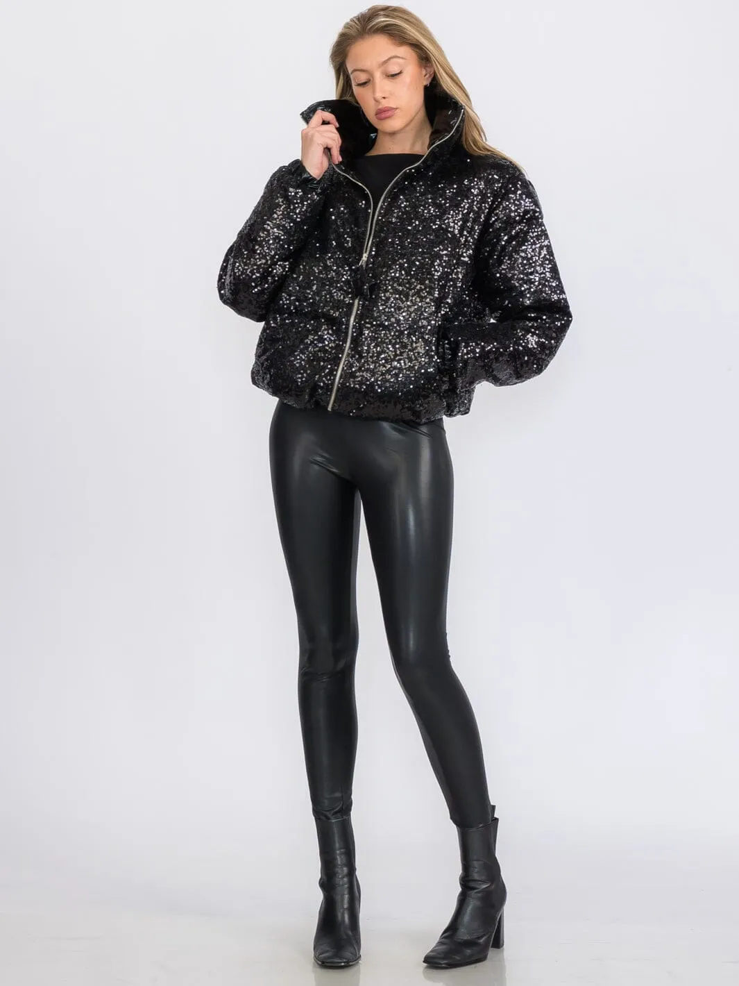 WOMEN'S LONG SLEEVES ZIP UP FRONT POCKETS PUFFER SEQUINS JACKET