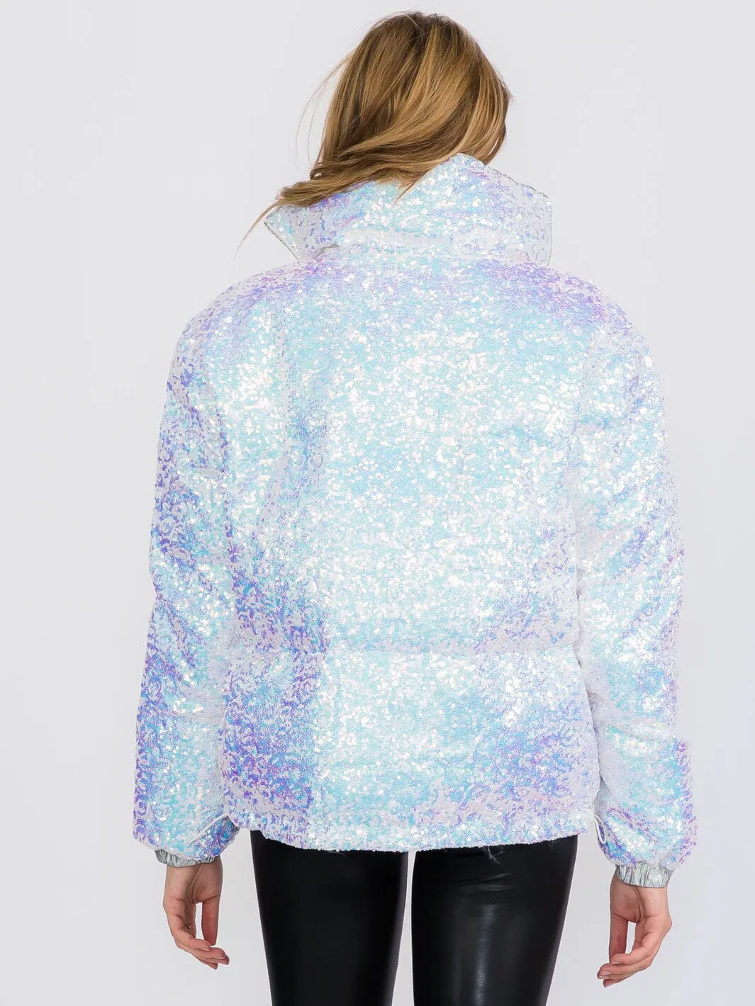 WOMEN'S LONG SLEEVES ZIP UP FRONT POCKETS PUFFER SEQUINS JACKET