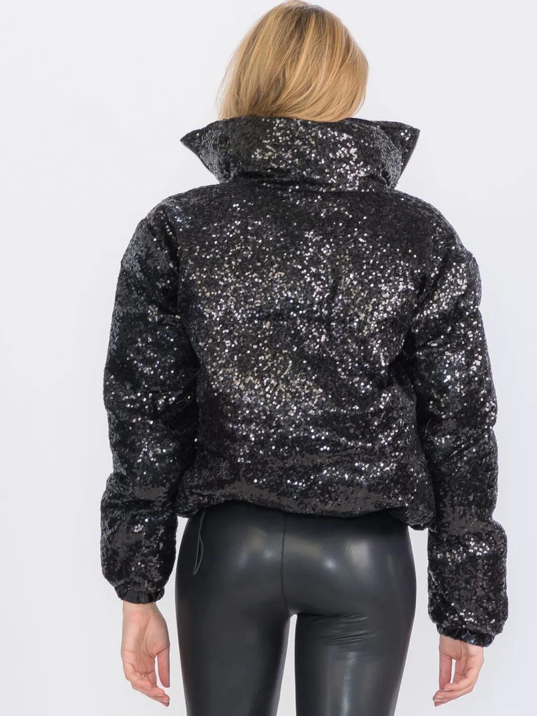 WOMEN'S LONG SLEEVES ZIP UP FRONT POCKETS PUFFER SEQUINS JACKET