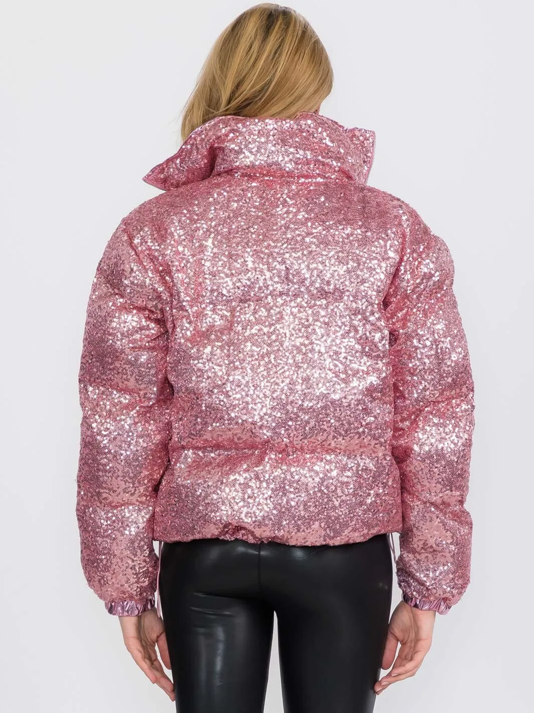 WOMEN'S LONG SLEEVES ZIP UP FRONT POCKETS PUFFER SEQUINS JACKET