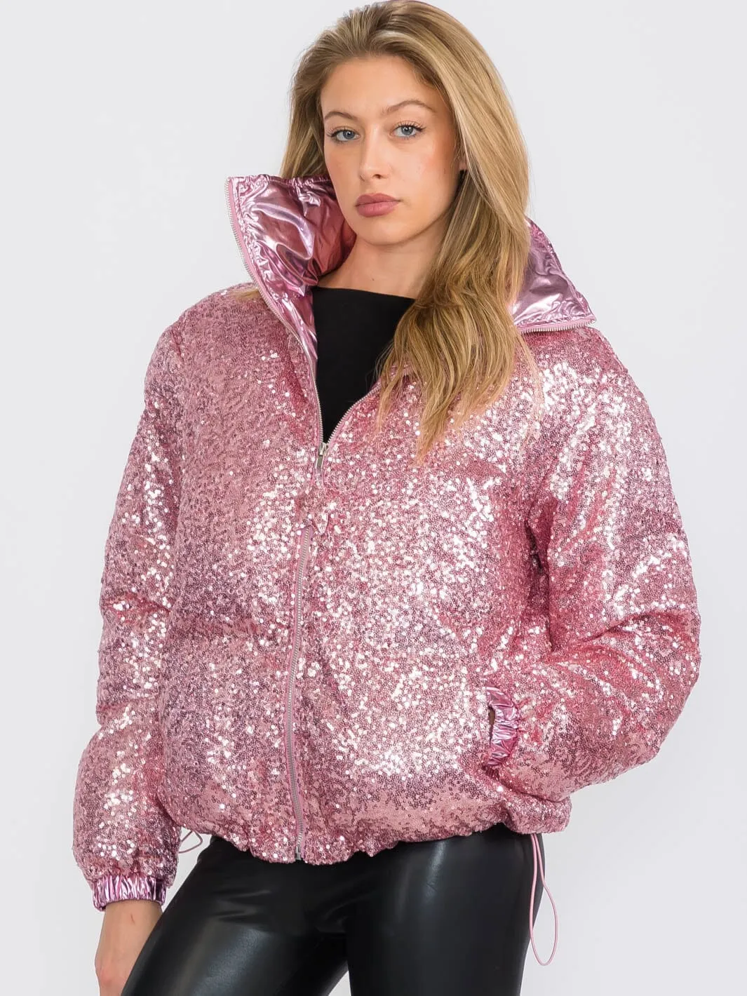 WOMEN'S LONG SLEEVES ZIP UP FRONT POCKETS PUFFER SEQUINS JACKET