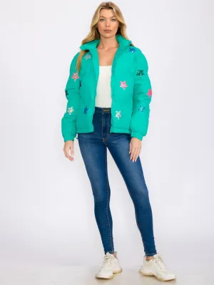 WOMEN'S LONG SLEEVES ZIP UP FRONT POCKETS STAR SEQUINS PRINT PUFFER JACKET