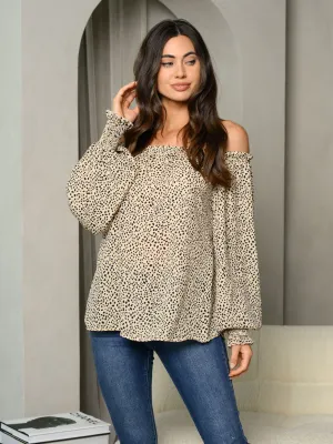 WOMEN'S OFF SHOULDER LONG SLEEVE ANIMAL PRINT TUNIC TOP
