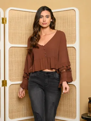 WOMEN'S SOLID V-NECK BELL SLEEVE TOP