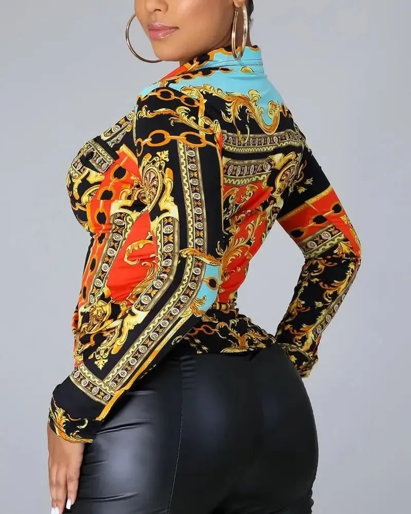 Xieyinshe - Baroque Print Long Sleeve Button Up Top