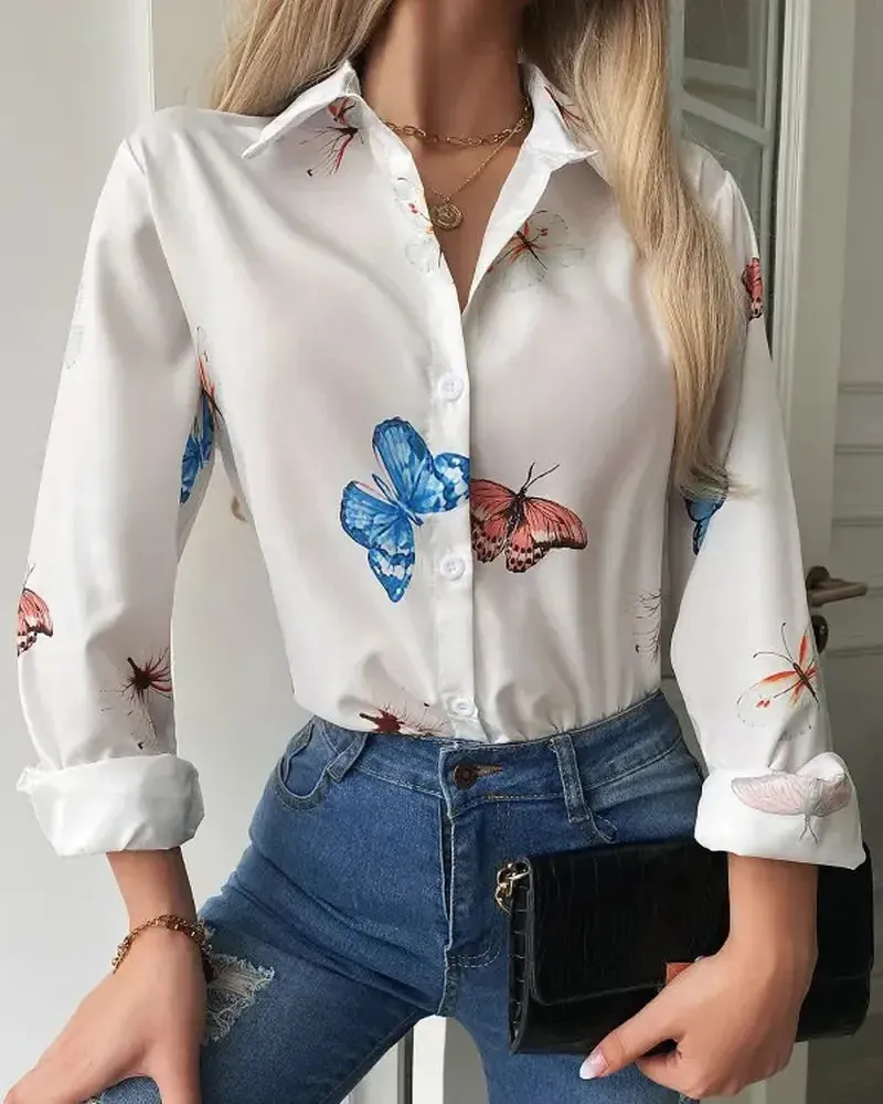 Xieyinshe - Butterfly Print Long Sleeve Button Up Top