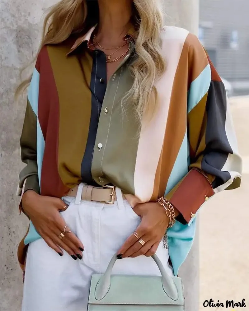 Xieyinshe - Color Block Stripe Long Sleeve Button Down Shirt