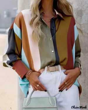 Xieyinshe - Color Block Stripe Long Sleeve Button Down Shirt