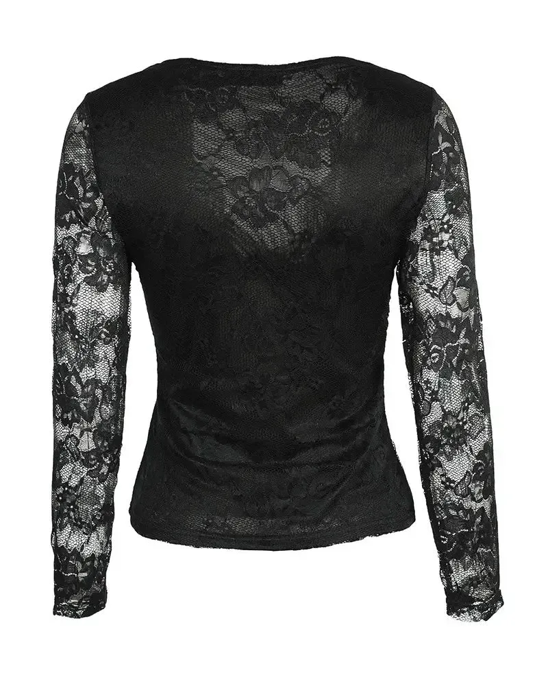 Xieyinshe - Crochet Lace Scallop Trim Long Sleeve Bodycon Top