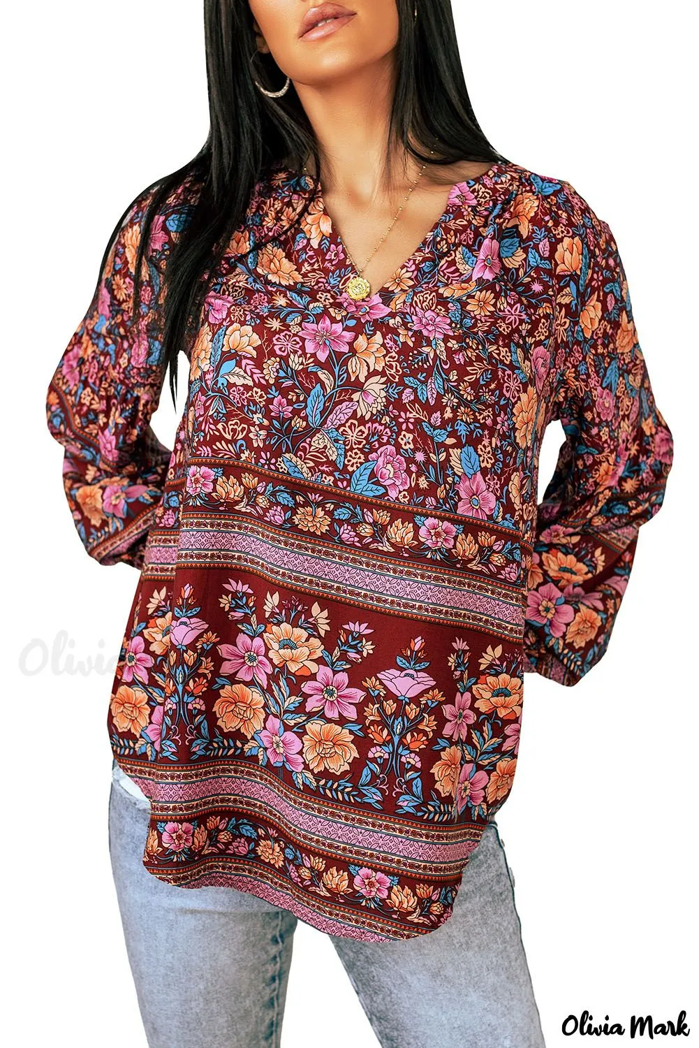 Xieyinshe - Floral Print V-Neck Long Sleeve Blouse