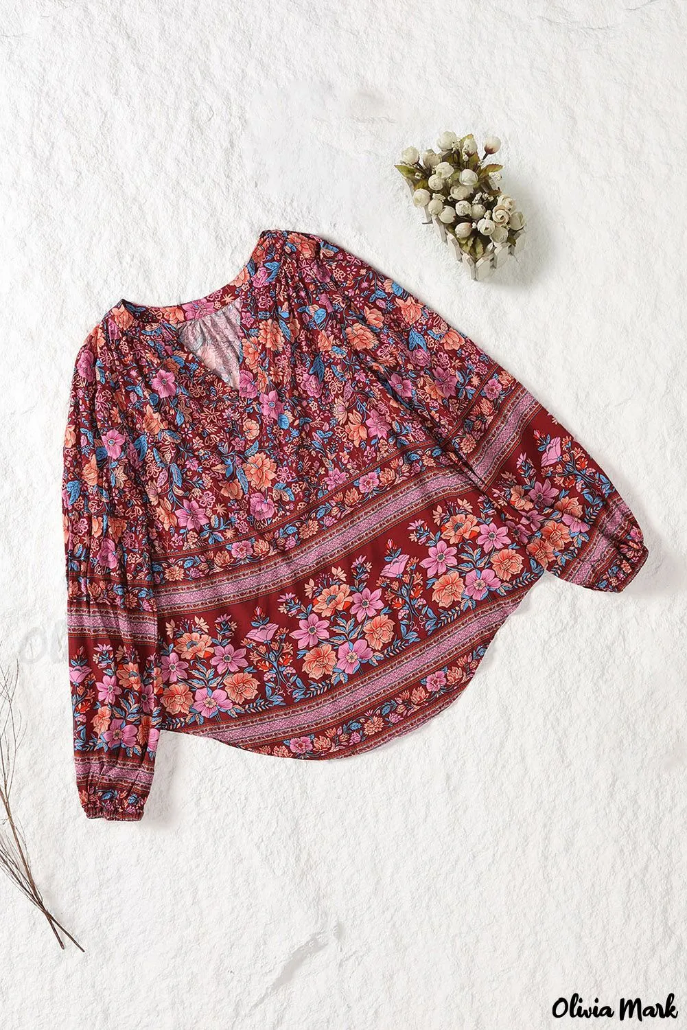 Xieyinshe - Floral Print V-Neck Long Sleeve Blouse