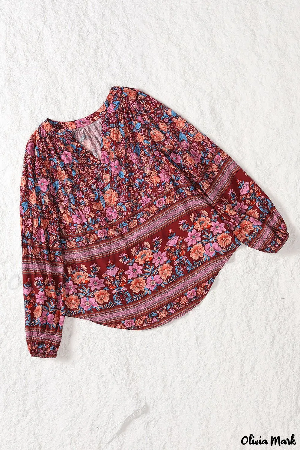 Xieyinshe - Floral Print V-Neck Long Sleeve Blouse