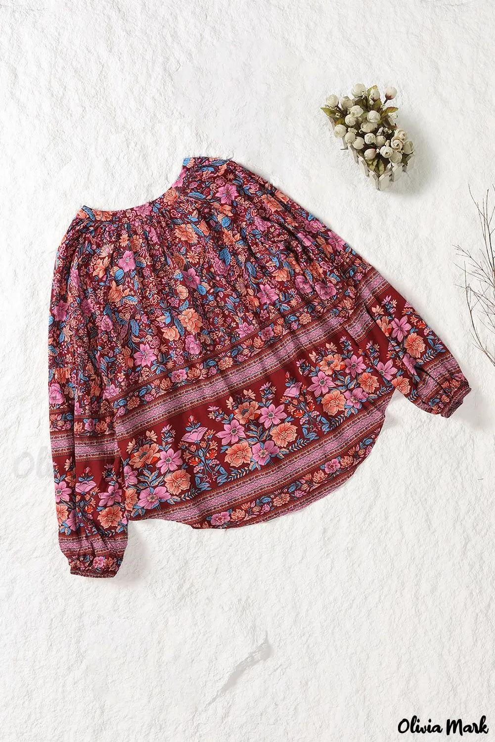 Xieyinshe - Floral Print V-Neck Long Sleeve Blouse