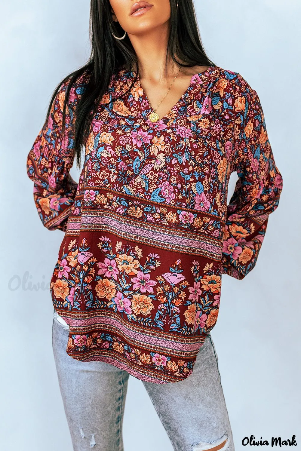 Xieyinshe - Floral Print V-Neck Long Sleeve Blouse