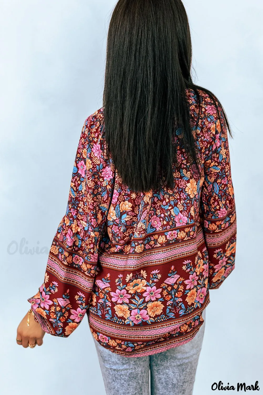 Xieyinshe - Floral Print V-Neck Long Sleeve Blouse