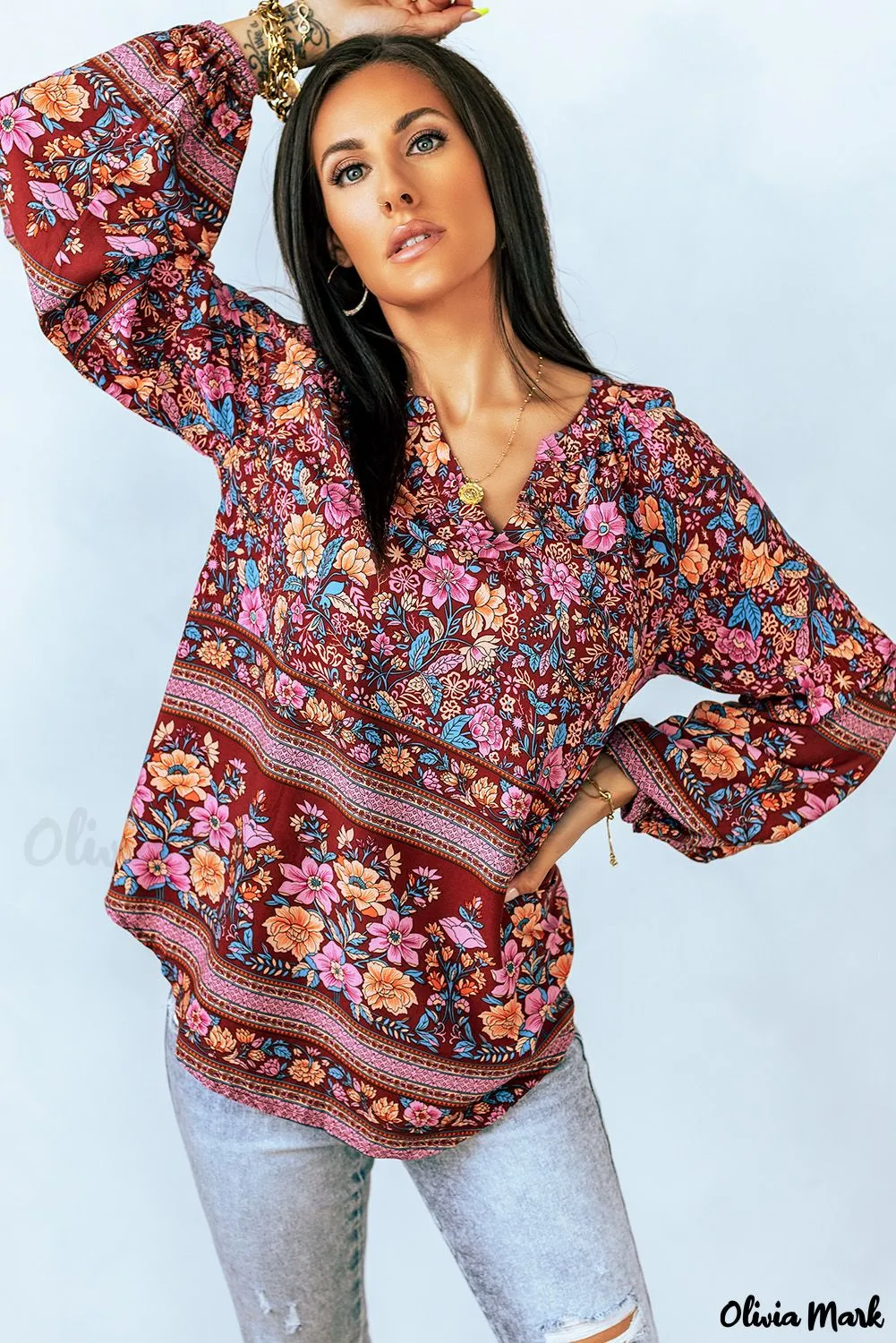 Xieyinshe - Floral Print V-Neck Long Sleeve Blouse