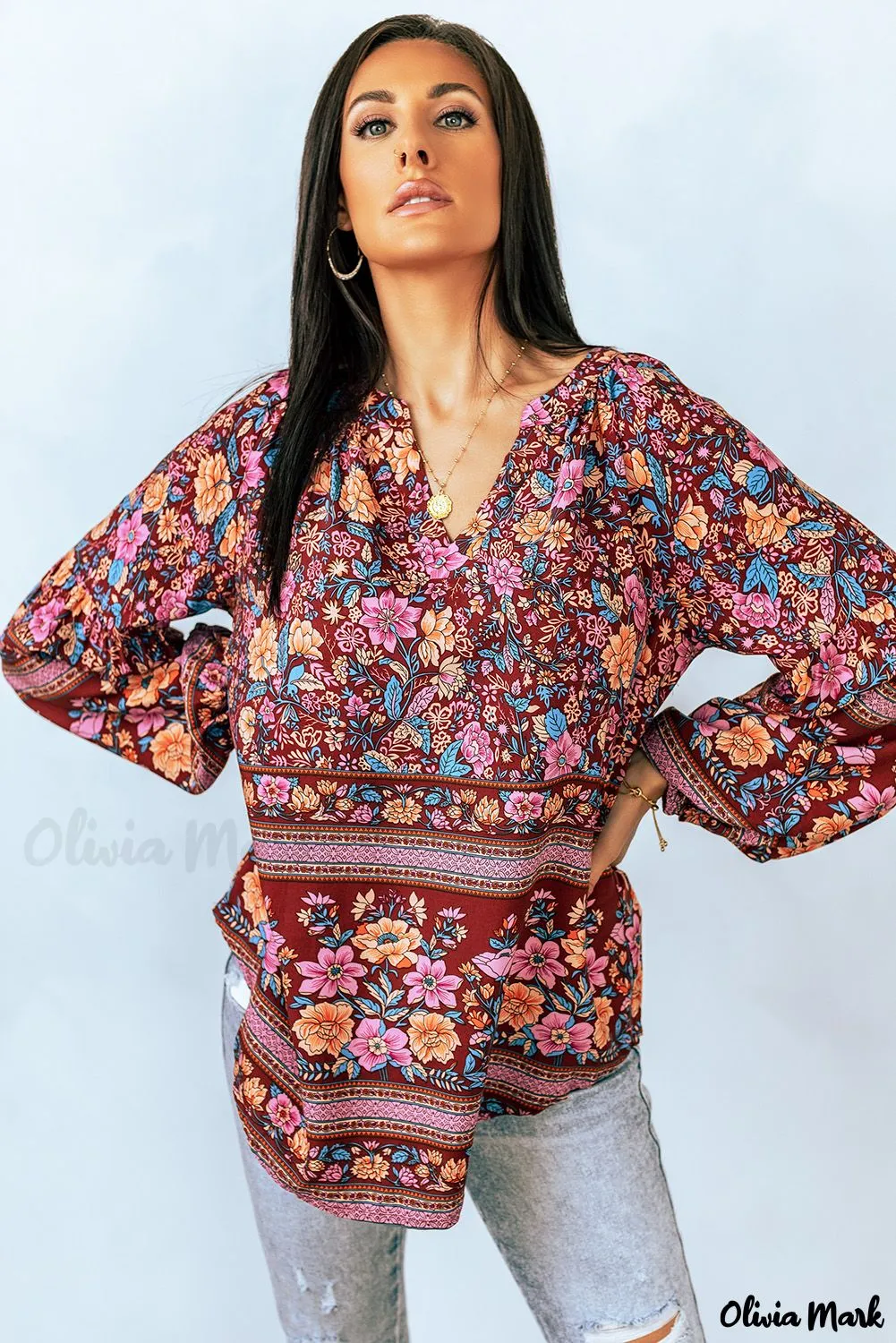 Xieyinshe - Floral Print V-Neck Long Sleeve Blouse