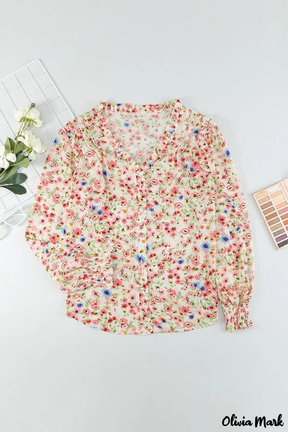 Xieyinshe - Floral Print V-Neck Long Sleeve Shirt
