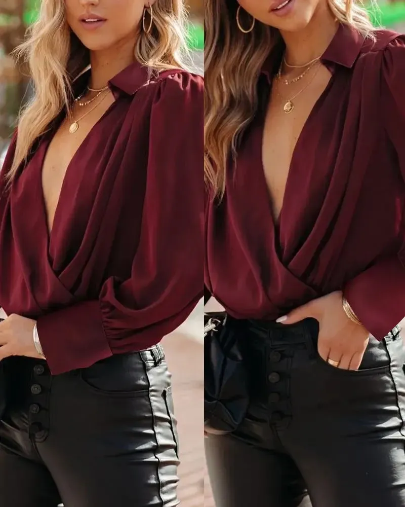 Xieyinshe - Long Sleeve Plunge Neck Top