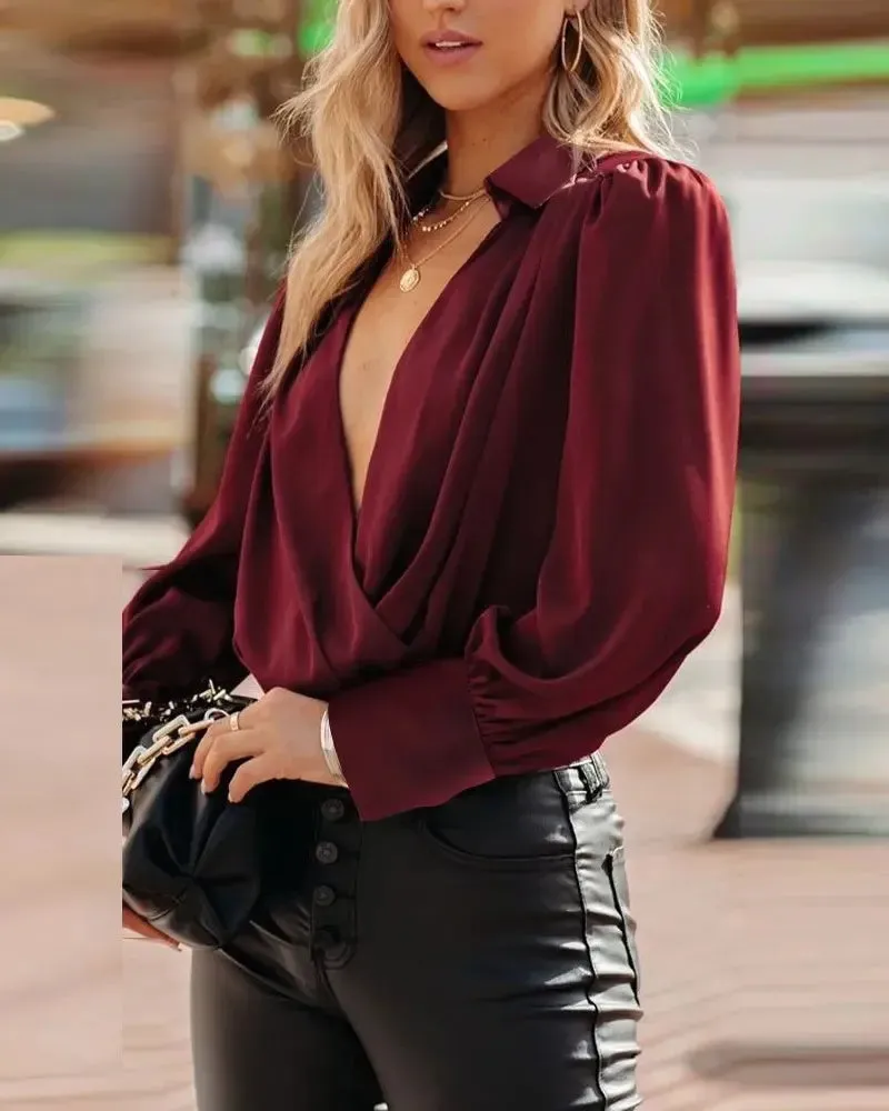 Xieyinshe - Long Sleeve Plunge Neck Top