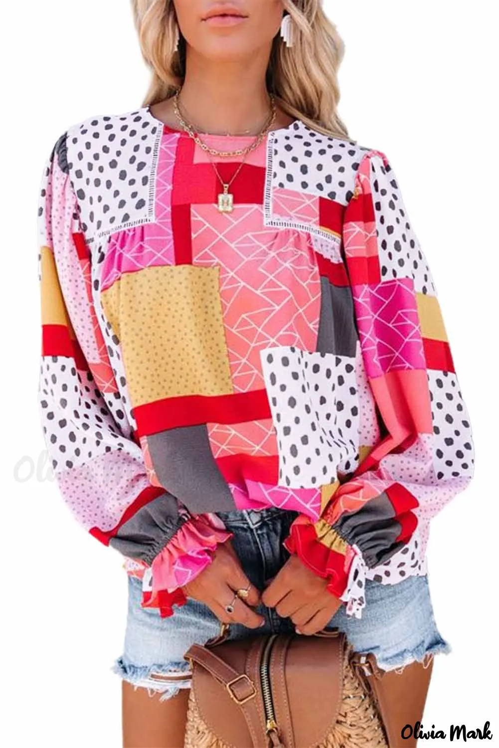 Xieyinshe - Multicolor Polka Dot Geometric Patchwork Long Sleeve Blouse
