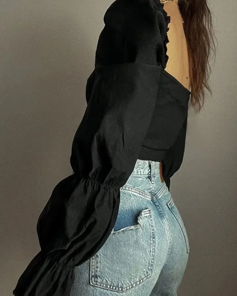 Xieyinshe - Ruched Long Sleeve Frill Hem Crop Top