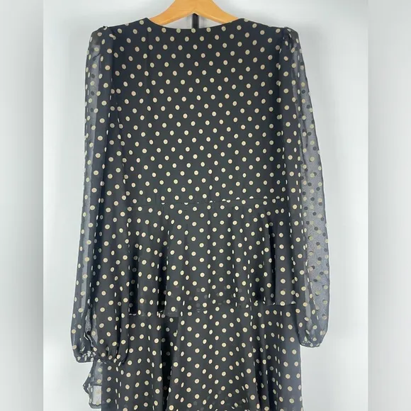 Zara Black Gold Polka Dot Tiered Ruffled Long Sleeve Chiffon Midi Dress