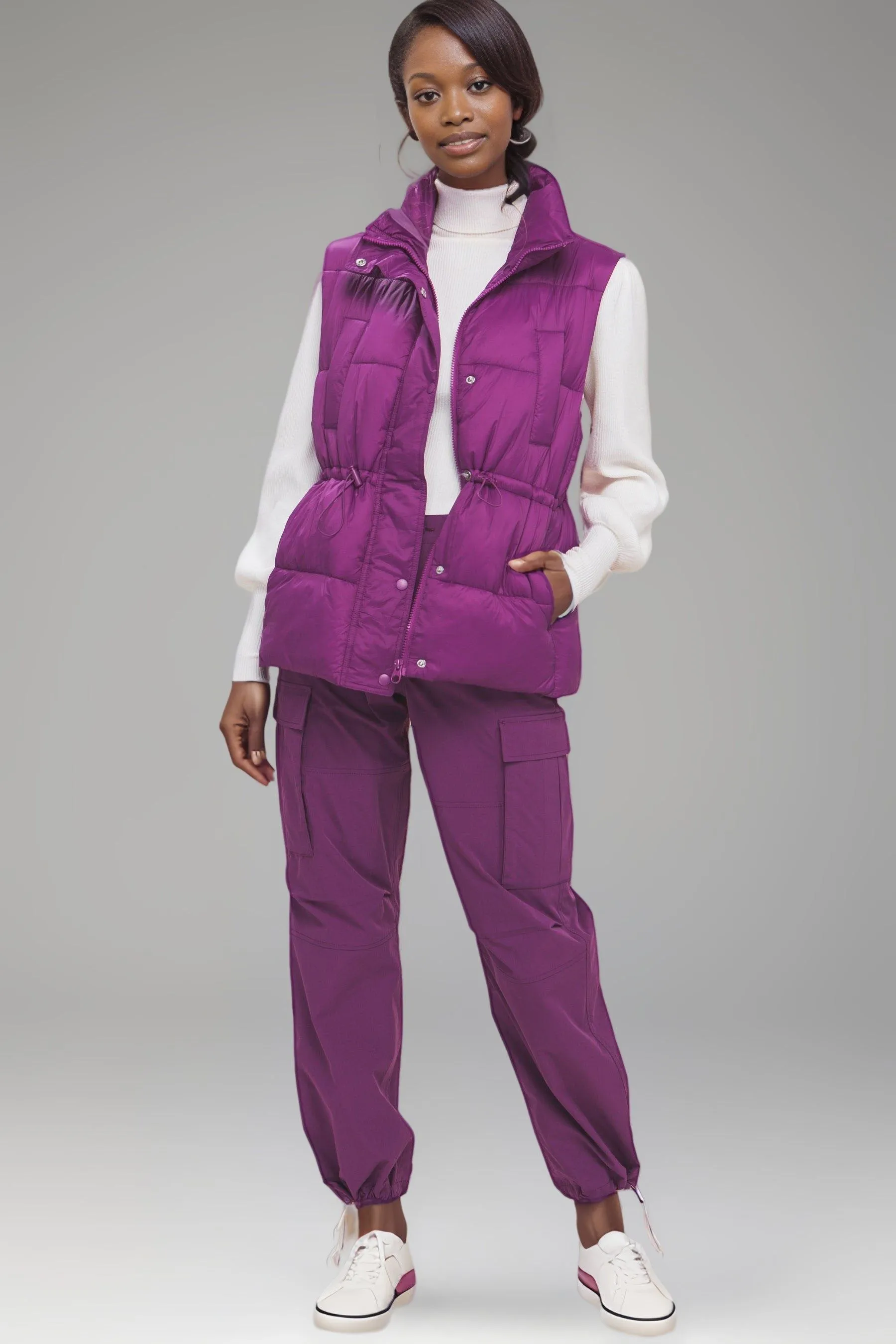 Zip Up Button Puffer Vest With Waist Toggles