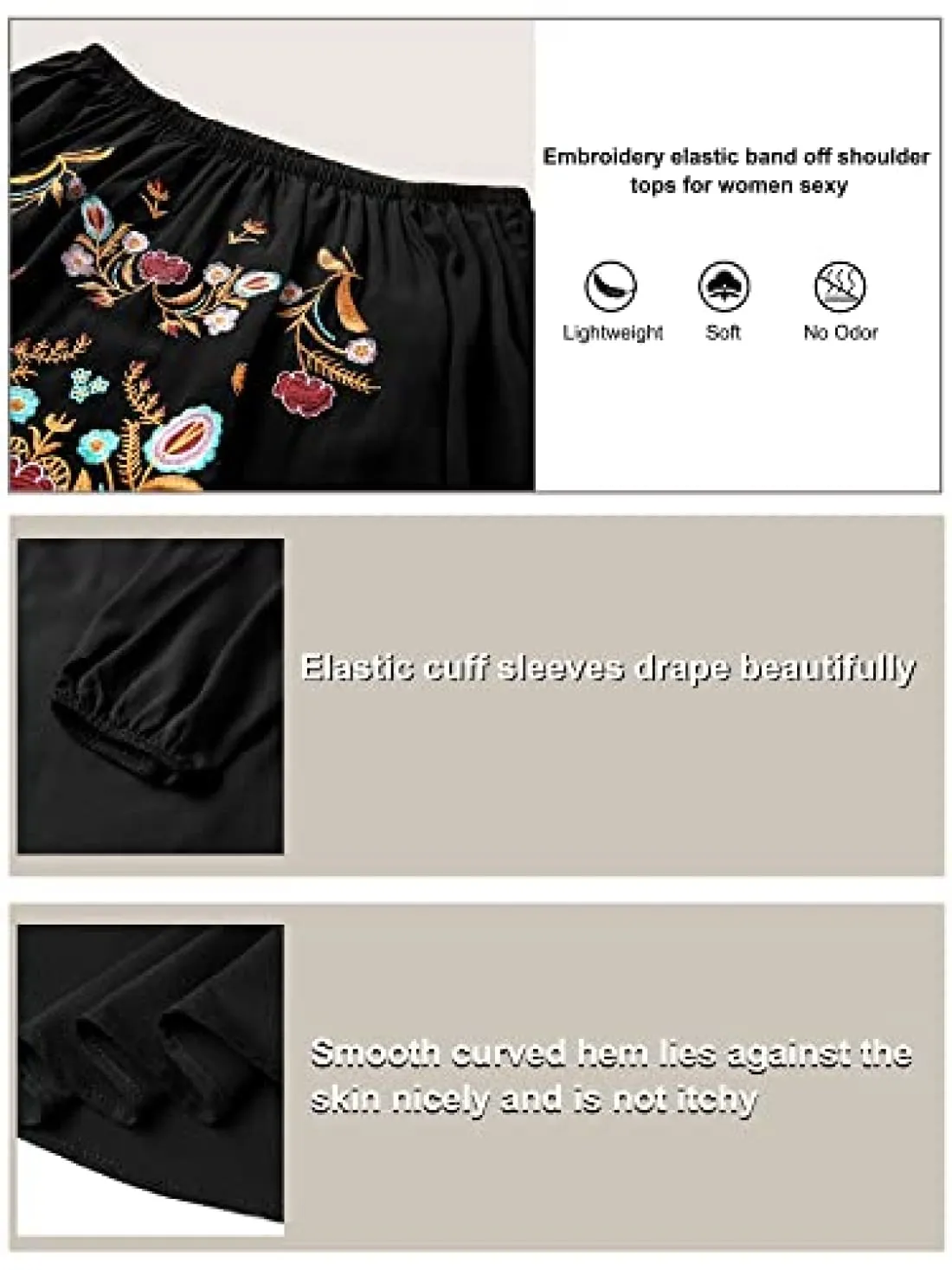 ZXZY Women Embroidered Off Shoulder Long Sleeve Bohemian Floral Blouse Top Tshirt Black