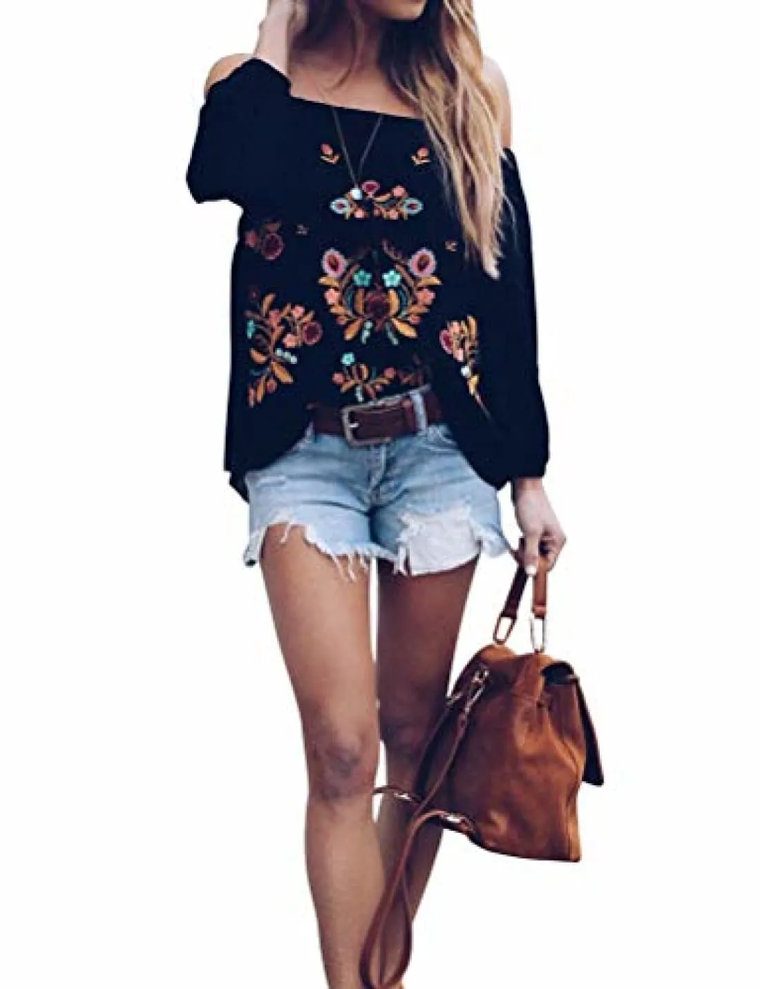 ZXZY Women Embroidered Off Shoulder Long Sleeve Bohemian Floral Blouse Top Tshirt Black