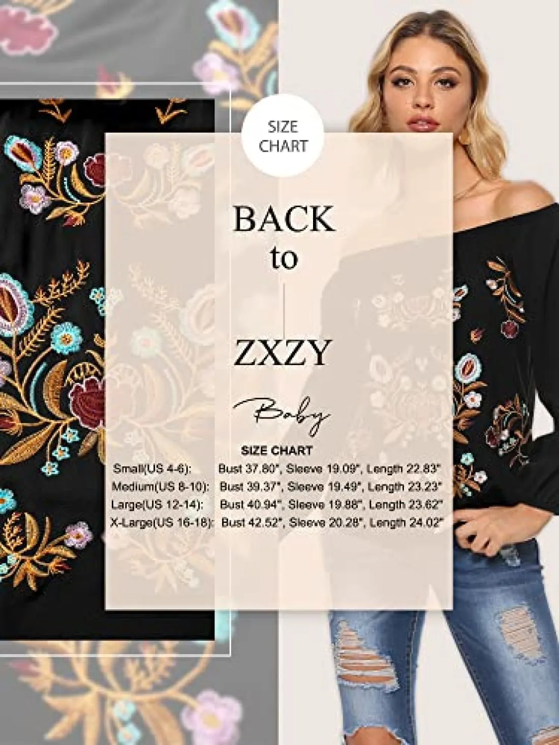 ZXZY Women Embroidered Off Shoulder Long Sleeve Bohemian Floral Blouse Top Tshirt Black