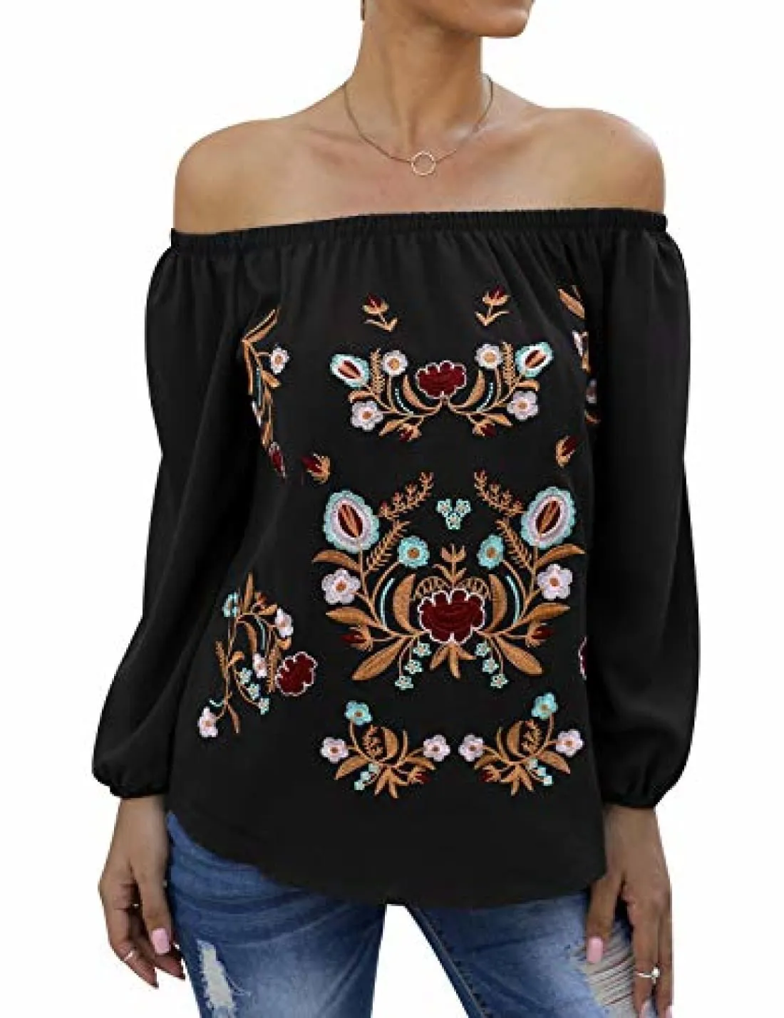 ZXZY Women Embroidered Off Shoulder Long Sleeve Bohemian Floral Blouse Top Tshirt Black